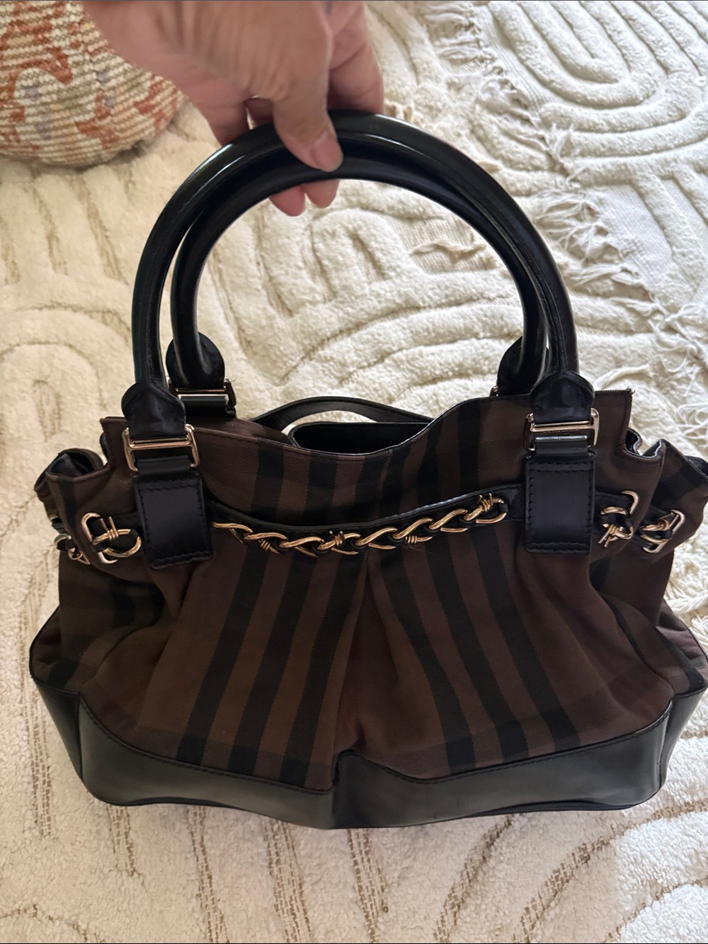 Burberry barbwire Classic Striped Tote Handbag in Brown and Black Canvas